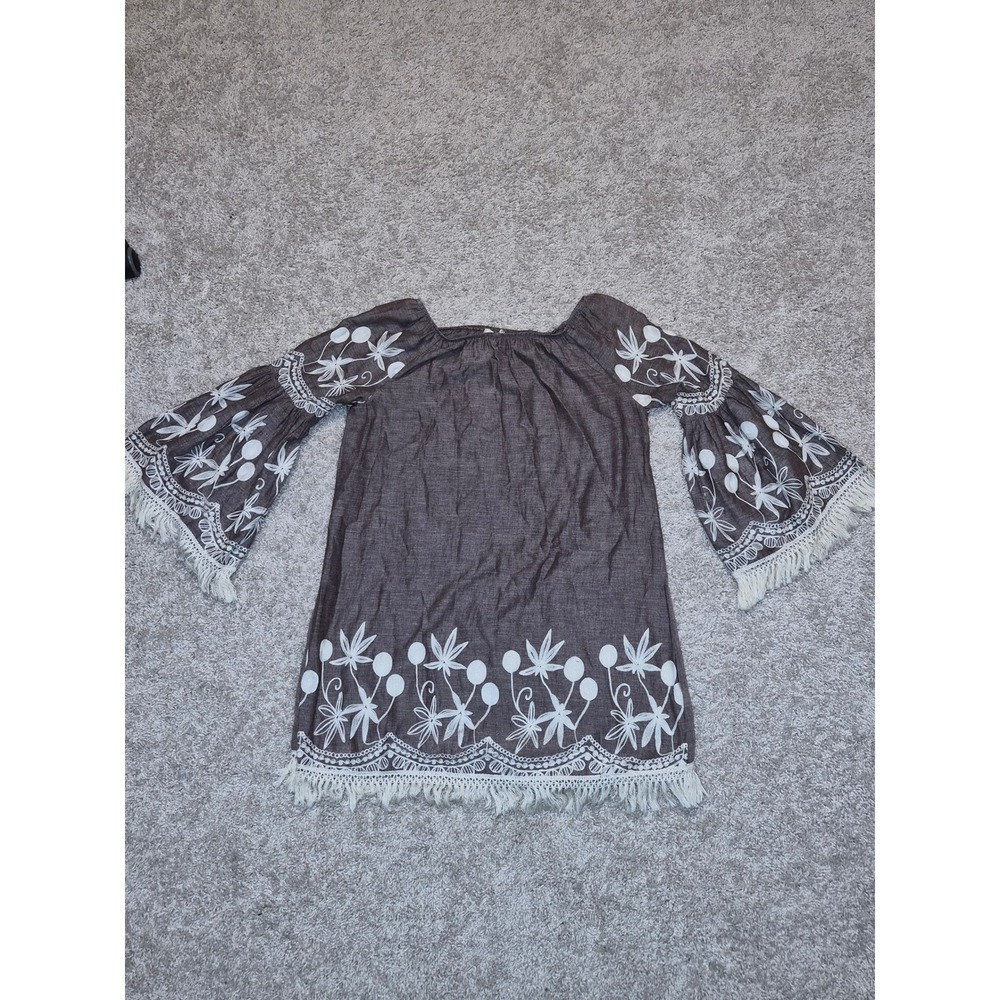 Indigo Soul Womens Brown Embroidered Fringe Bell Sleeve Boho Tunic Top Small